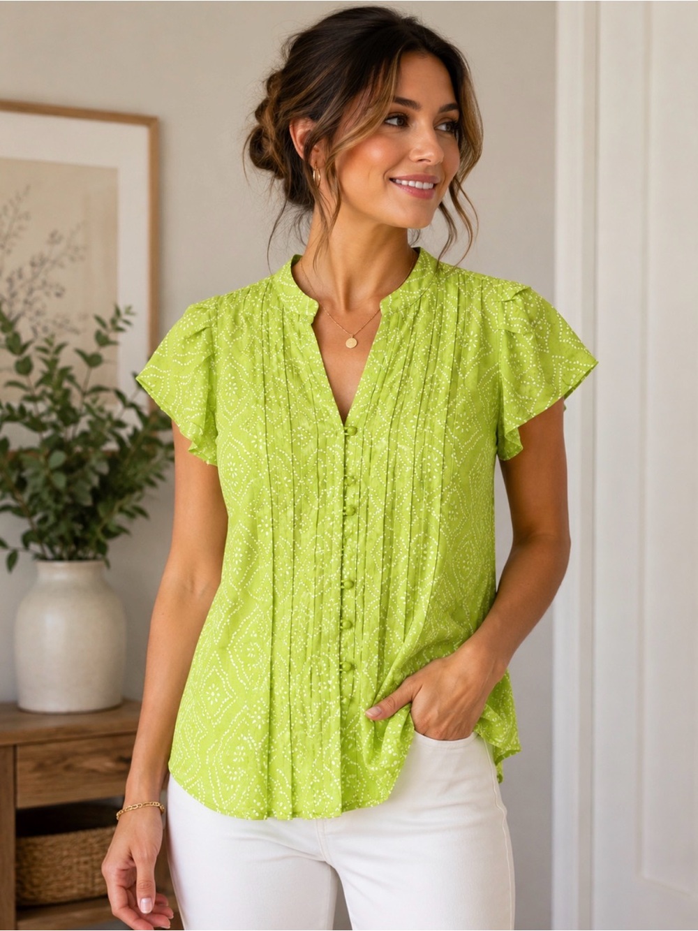 NWT Banana Republic Green Print Pintuck Blouse – Women’s Small